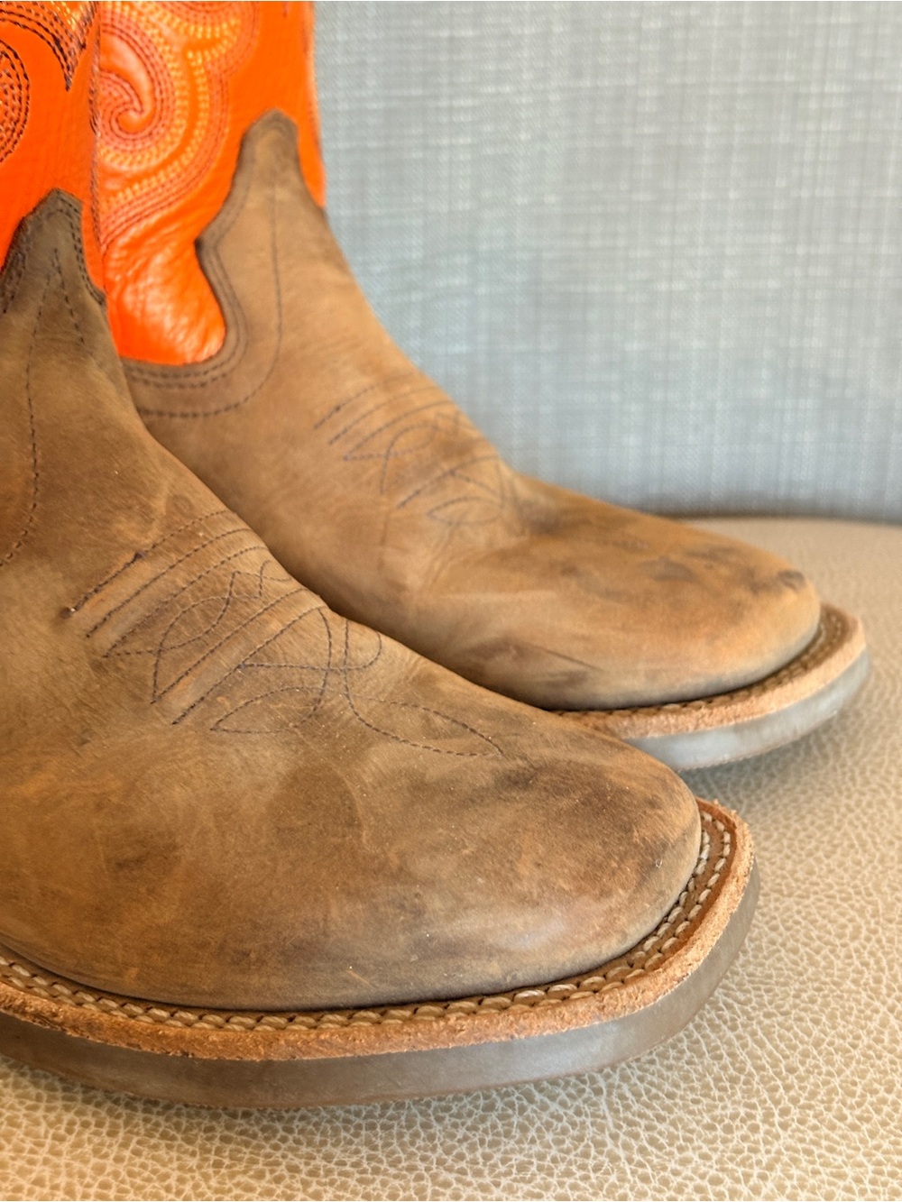 Old West Kids Orange and Brown Six-Row Stitch Western Boots - Picture 6 of 12